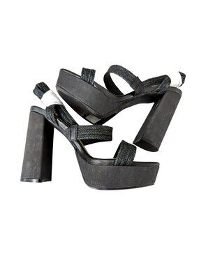 Strappy Black Platform Block Heel Sandals With Braided Design Size 8
